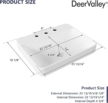 Bathroom Vessel Sink, DeerValley, 24”x19” Rectangular Drop-in Sink